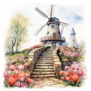 Imágenes prediseñadas de molino de viento holandés, 12 jpg, descarga digital, imágenes prediseñadas de paisaje, diario basura, manualidades de papel digital, planificadores digitales, uso comercial