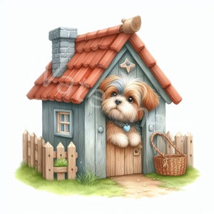 Perro en la casa acuarela clipart, 12 jpg, descarga digital, descargas de casas para perros, creación de invitaciones, diario basura, scrapbooking digital