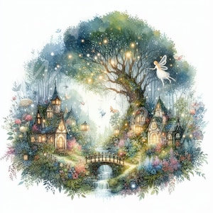 May include: A watercolor painting of a whimsical fairy village nestled in a forest. The village is lit by glowing lights and surrounded by lush greenery. A fairy with wings flies above the village.