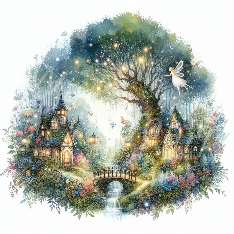 May include: A watercolor painting of a whimsical fairy village nestled in a forest. The village is lit by glowing lights and surrounded by lush greenery. A fairy with wings flies above the village.