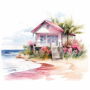 Clipart Beach Houses, 12 JPG, Pobieranie cyfrowe, Cyfrowe rzemiosło papierowe, Clipart Pink House, Tworzenie kartek, Tworzenie zaproszeń, Clipart Junk Journal