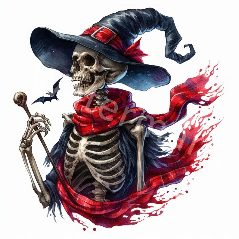 May include: A skeleton wearing a black witch's hat with a red and black tartan scarf. The skeleton is holding a staff with a round knob on the top. A small bat is flying in the background.