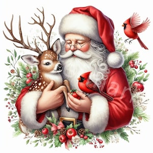 May include: Santa Claus in a red suit with white trim holds a fawn in his arms and a red cardinal in his other hand. The fawn has brown and white spots. The cardinal is perched on Santa's hand. There are green holly branches and red berries in the background.