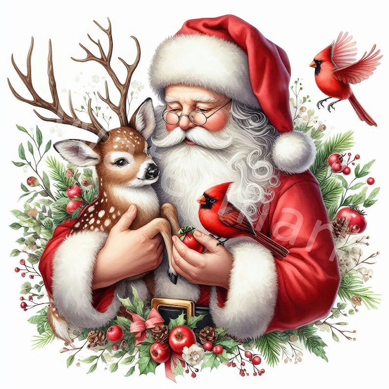 May include: Santa Claus in a red suit with white trim holds a fawn in his arms and a red cardinal in his other hand. The fawn has brown and white spots. The cardinal is perched on Santa's hand. There are green holly branches and red berries in the background.
