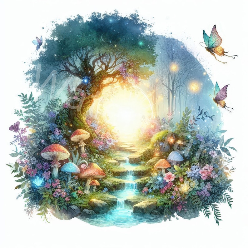 May include: A whimsical illustration of a magical forest scene with a glowing portal, a cascading waterfall, and colorful mushrooms. The scene is filled with vibrant flowers and butterflies, creating a sense of wonder and enchantment.