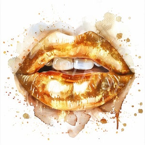 May include: A close-up of a pair of lips painted with gold glitter. The lips are slightly parted, revealing white teeth. The background is a watercolor wash of gold and brown.