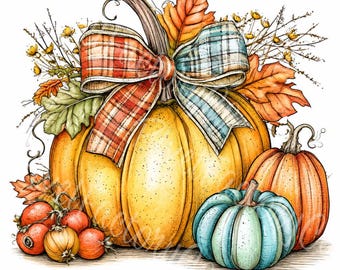 Thanksgiving Pumpkin Clipart Watercolor Fall Bows Autumn Harvest Junk Journal Digital Download 14JPG