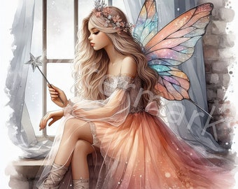 Watercolor Fairy Clipart: 12 JPG Images for Scrapbooking (Digital Download)