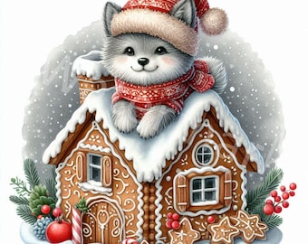 Puede incluir: Un lindo cachorro gris y blanco con un gorro de Papá Noel rojo y blanco y una bufanda se sienta en la parte superior de una casa de jengibre decorada con glaseado blanco y caramelos. La casa está rodeada de nieve y ramas de coníferas con bayas rojas.