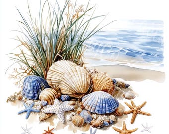 Watercolor Seashells & Starfish Clipart: Nautical Beach Art (Digital Download)