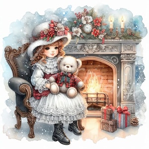 Viktorianische Mädchen Weihnachten Clipart, 12 JPG, Viktorianischer Kamin, Viktorianischer Bär, Junk Journal, Papierhandwerk, Sammelalben, Karte, digitaler Download
