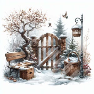 Clipart giardino invernale, 12 JPG, paesaggio invernale, giardino innevato, download digitale, artigianato di carta, creazione di biglietti, pianificatore digitale, diario spazzatura