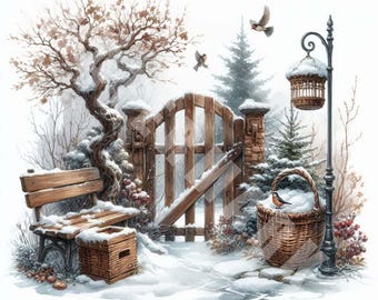 Winter Garden Clipart, 12 JPG, Winter Landscape, Snowy Garden, Digital Download, Paper Craft, Card Making, Digital Planner, Junk Journal
