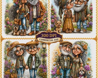 Boho Hippie Grandparents Clipart Bundle Watercolor Digital Download Scrapbooking Cards Journals Decorations 10 JPG