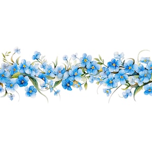 May include: A watercolor illustration of a border of blue forget-me-not flowers with green leaves and stems.