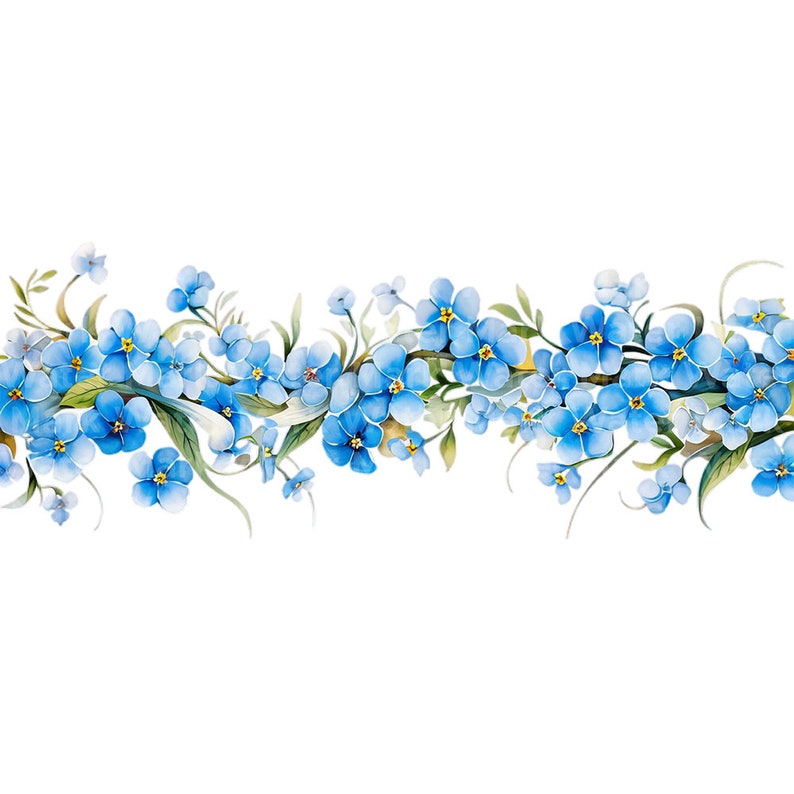 May include: A watercolor illustration of a border of blue forget-me-not flowers with green leaves and stems.