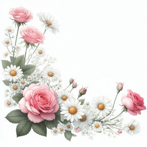 Clipart de margaritas y rosas con borde floral, 12 JPG, marco de adorno decorativo, descarga digital, manualidad de papel digital, fabricación de tarjetas, diario basura