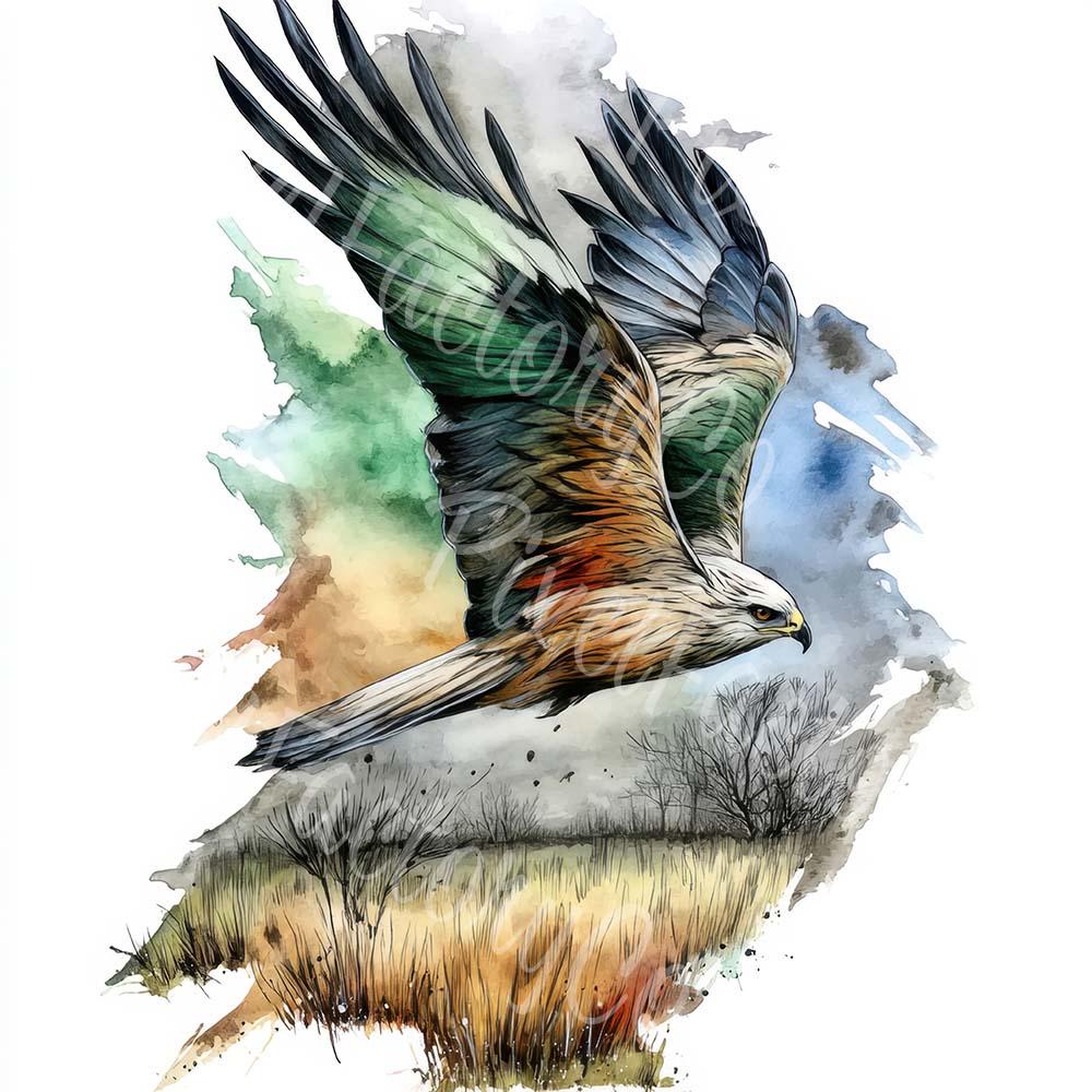 水彩画のワシのクリップアート：飛んでいる鳥のイラスト（デジタル