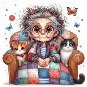 Drôle de vieilles dames avec des cliparts chat, 11 JPG, Clipart grand-mère patchwork, clipart personnes, journal indésirable, créations numériques en papier, téléchargement numérique