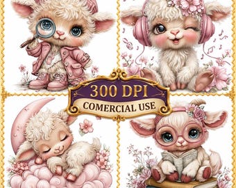 Pink Baby Lamb Clipart Bundle Digital Download Baby Shower Nursery Cards Scrapbooking Decor