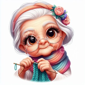 K&ouml;nnte beinhalten: Eine Cartoon-Illustration einer l&auml;chelnden &auml;lteren Frau mit wei&szlig;en Haaren, die eine Brille, einen rosa Schal und ein Stirnband mit Blumen tr&auml;gt. Sie strickt mit blauem Garn und Holzstricknadeln.