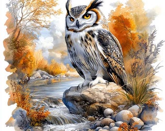 Watercolor Owl Clipart: River Landscape, Junk Journal Graphics (Digital Download)