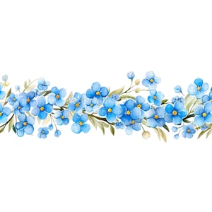 May include: A watercolor illustration of a border of blue forget-me-not flowers with yellow centers. The flowers are arranged in a row with green leaves and stems.