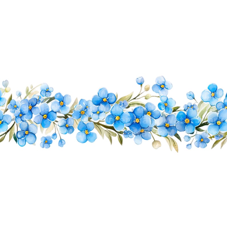 May include: A watercolor illustration of a border of blue forget-me-not flowers with yellow centers. The flowers are arranged in a row with green leaves and stems.
