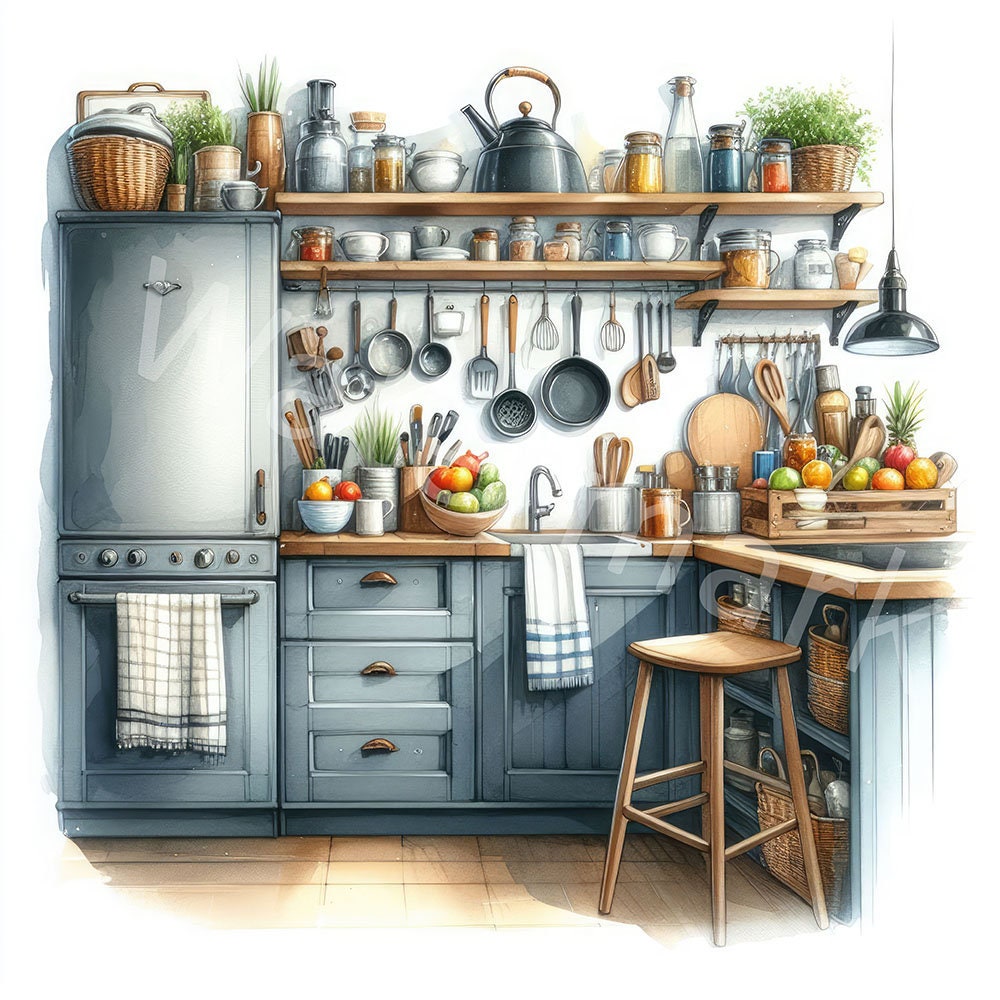 Watercolor Kitchen Clipart: JPG Digital Download for Scrapbooking - Etsy