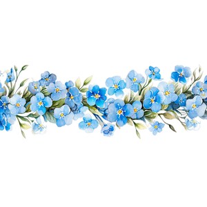 May include: A watercolor illustration of a border of blue forget-me-not flowers with green leaves.