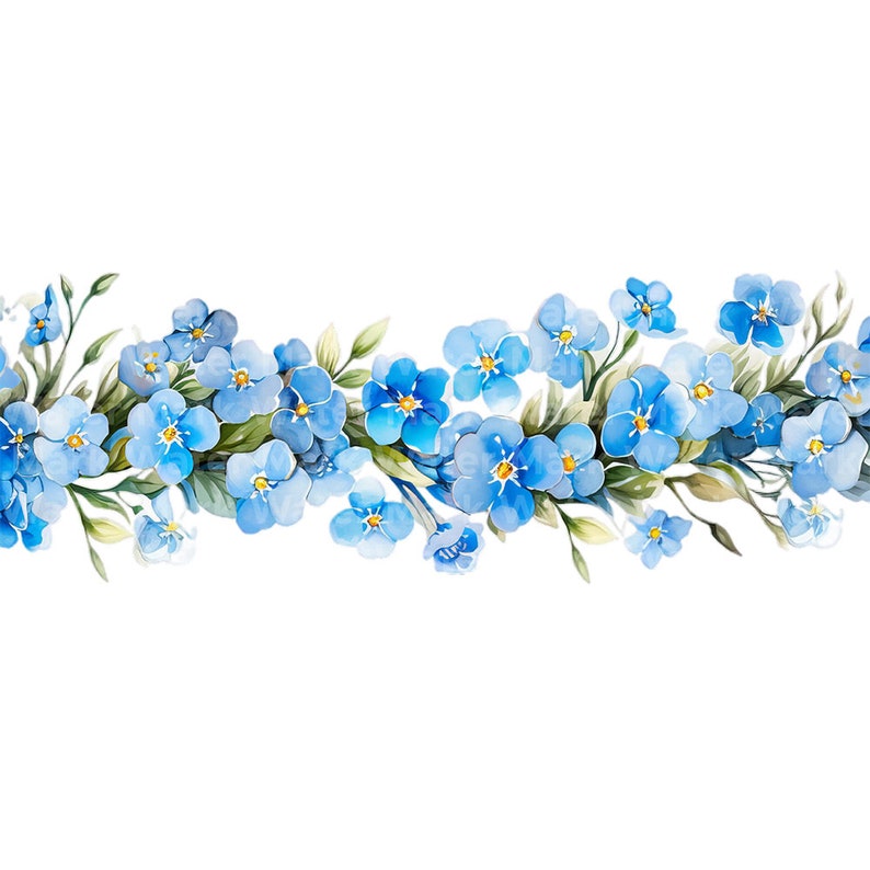 May include: A watercolor illustration of a border of blue forget-me-not flowers with green leaves.