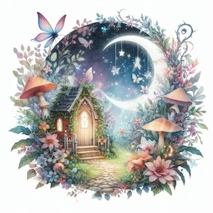 May include: A whimsical illustration of a small cottage with a door and ivy growing on the walls, surrounded by flowers and mushrooms. A crescent moon hangs in the sky with stars and fairy lights.