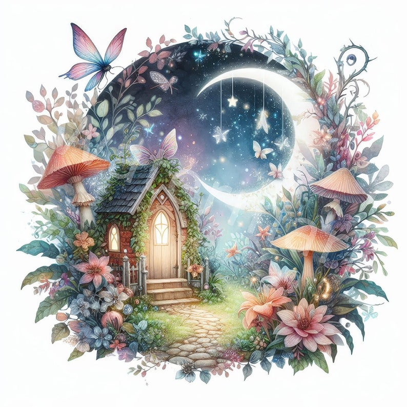 May include: A whimsical illustration of a small cottage with a door and ivy growing on the walls, surrounded by flowers and mushrooms. A crescent moon hangs in the sky with stars and fairy lights.