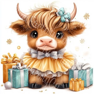 Clipart anniversaire mignon vache Highland bébé veau avec des ballons robe de soirée art numérique Illustration animalière fille JPG fête de la ferme cartes à imprimer