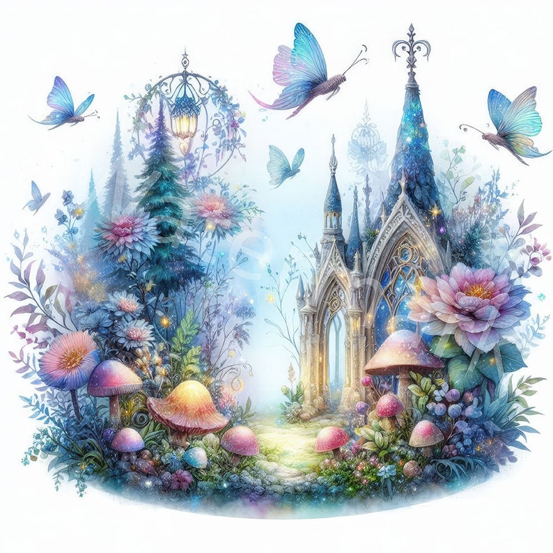May include: A whimsical illustration of a fairytale castle with a stone archway, surrounded by a lush garden with flowers, mushrooms, and butterflies. The castle is decorated with sparkling details and a glowing lantern.