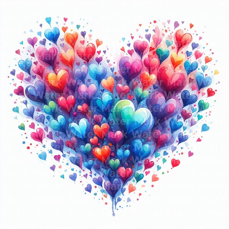 Pode incluir: Uma pintura em aquarela de uma forma de cora&ccedil;&atilde;o composta por muitos cora&ccedil;&otilde;es coloridos. Os cora&ccedil;&otilde;es est&atilde;o dispostos em um padr&atilde;o de degrad&ecirc;, come&ccedil;ando com vermelho na parte superior e passando para azul na parte inferior. Os cora&ccedil;&otilde;es s&atilde;o cercados por um fundo branco.