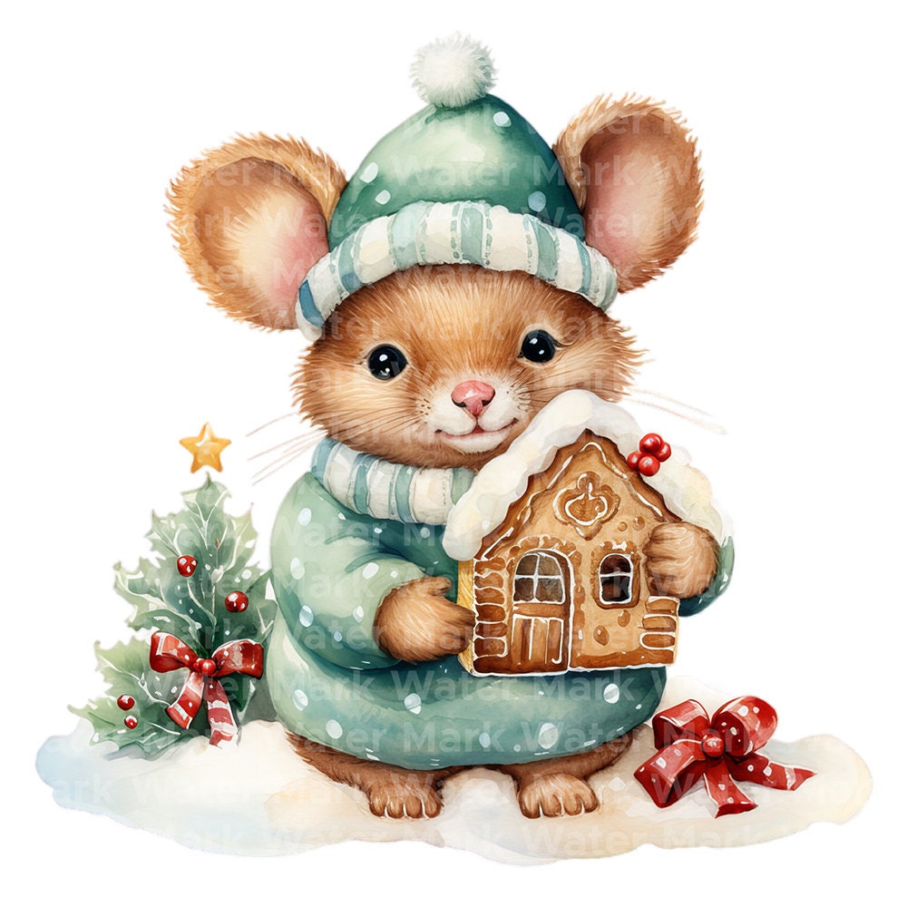Christmas Mouse Watercolor Clipart: Mistletoe, Cookie (digital Download ...