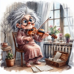 Vrolijke oude dame violist clipart, 12 jpg, digitale download, muzikale oma, herinneringsboek, junkdagboek, kaarten, papierkunst, plakboeken