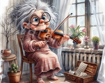 May include: A woman with gray hair and glasses sits on a chair and plays a violin. She is wearing a pink and brown striped dress. There is a music stand with sheet music in front of her and a case with music rolls next to her.