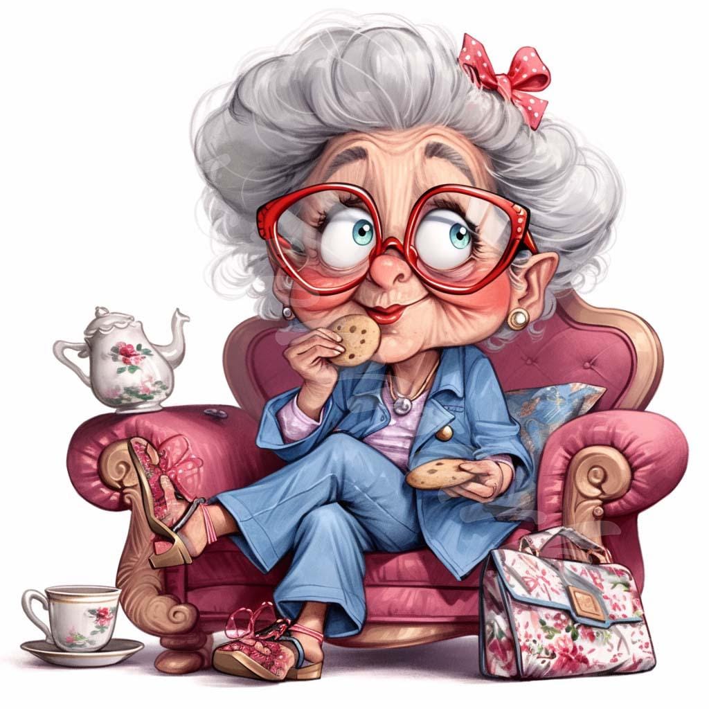 面白いおばあちゃんのクリップアート：水彩画のおばあちゃんの