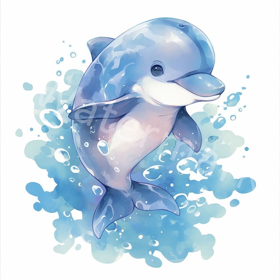 水彩画のイルカの赤ちゃんのクリップアート：デジタルイラスト（JPG