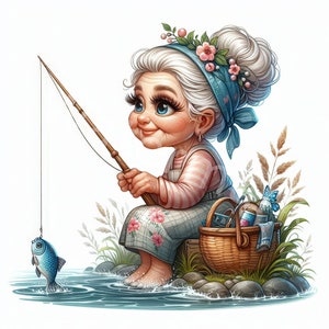 K&ouml;nnte beinhalten: Eine Cartoon-Illustration einer Frau mit wei&szlig;en Haaren und einem Blumenkopfband, die mit einer Angelrute und einer Leine angelt. Sie sitzt auf einem Felsen an einem Fluss mit einem Weidenkorb neben ihr. Ein blauer Fisch befindet sich am Ende ihrer Leine.