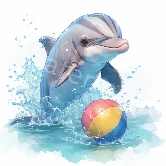 水彩画のイルカの赤ちゃんのクリップアート：デジタルイラスト（JPG