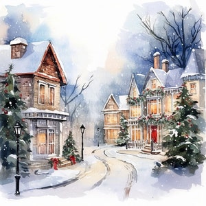Clipart acquerello di strada di Natale, 12 JPG, download digitale, paesaggio invernale, strada di Capodanno, arte murale, creazione di biglietti, diario spazzatura