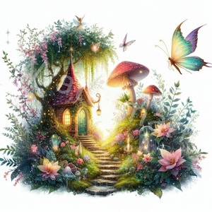May include: A whimsical illustration of a fairy house nestled in a lush forest with a stone path leading up to the front door. The house is surrounded by vibrant flowers, mushrooms, and butterflies. The scene is filled with magical details, including glowing lights and a stream flowing through the forest.