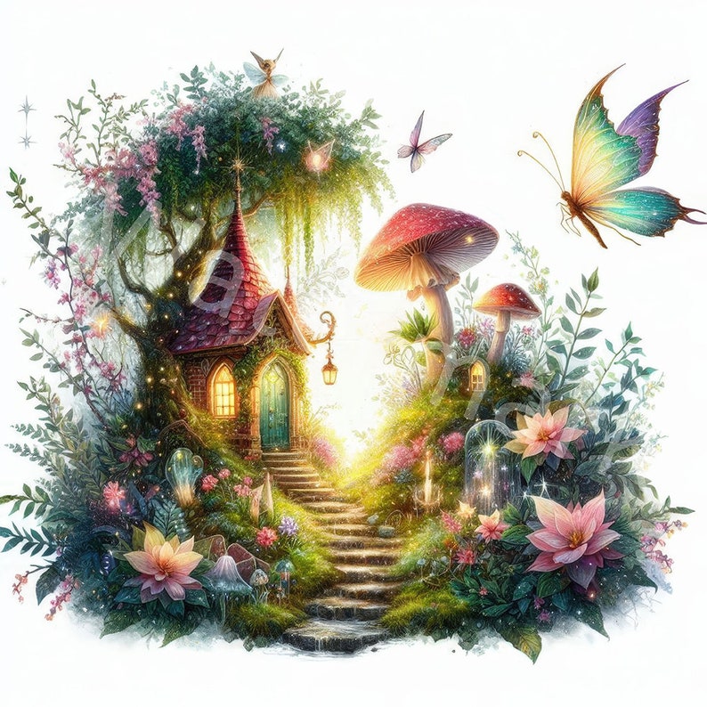 May include: A whimsical illustration of a fairy house nestled in a lush forest with a stone path leading up to the front door. The house is surrounded by vibrant flowers, mushrooms, and butterflies. The scene is filled with magical details, including glowing lights and a stream flowing through the forest.