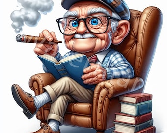 Funny Grandpa Watercolor Clipart, Cigar Smoking Senior (Digital Download)