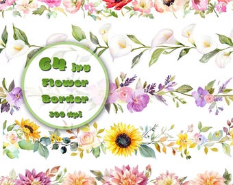 Watercolor Floral Border Clipart: 64 Flower Decorations (JPG Digital Download)