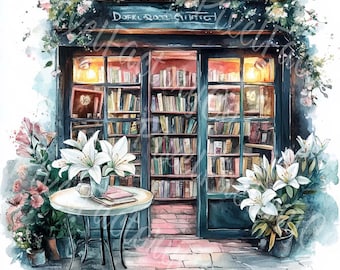 水彩画の書店クリップアート：フランスの書店アート（デジタルダウンロード）