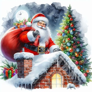 Clipart Père Noël Noël, 12 jpg, téléchargement numérique, Père Noël sur le toit, cadeaux, aquarelle, fabrication de cartes, agendas numériques, livre de souvenirs